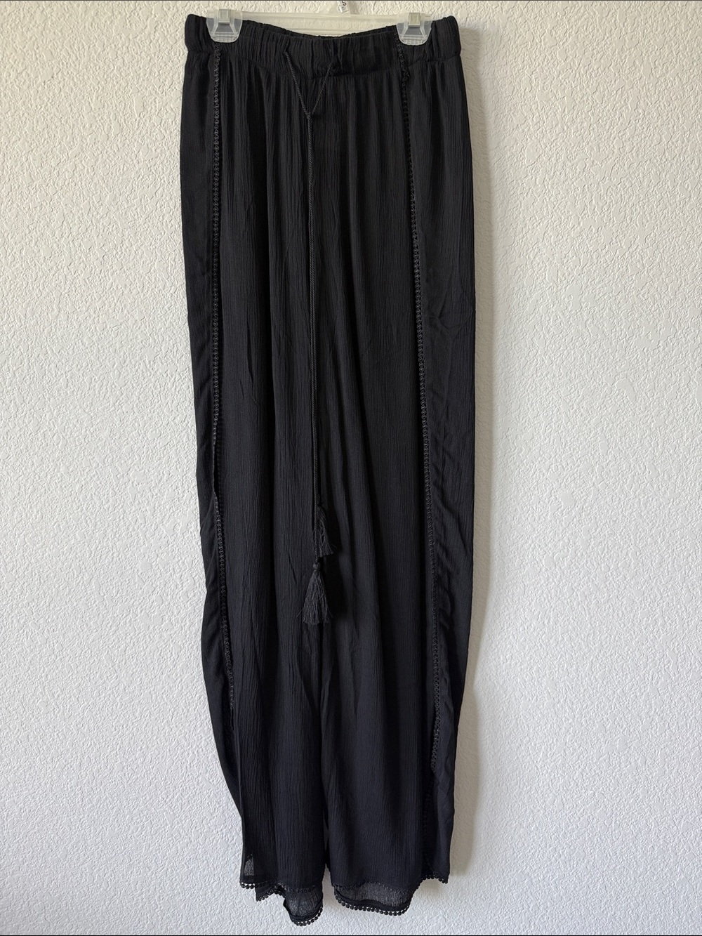 Pink Lily Black Boho Wide-Leg Pants with Tassel Drawstring